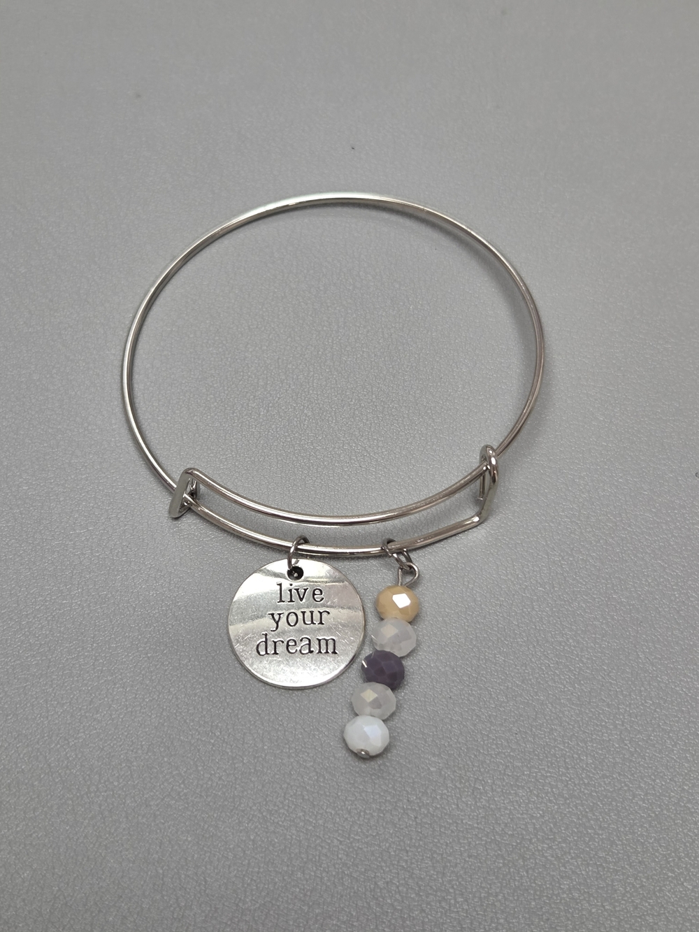 Live Your Dream Silver Charm Bangle with Crystal Beads